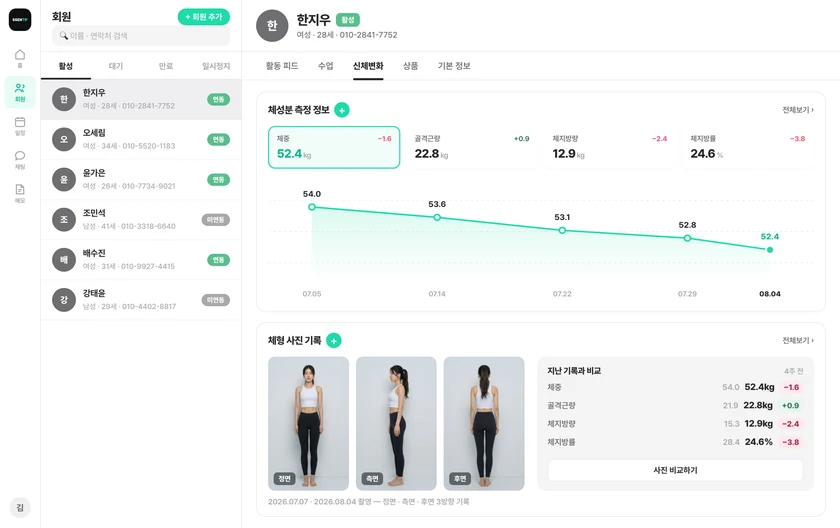 센티프 강사 앱 — 회원 상세 신체변화 화면. 체성분 추이 그래프와 정면·측면·후면 체형 사진