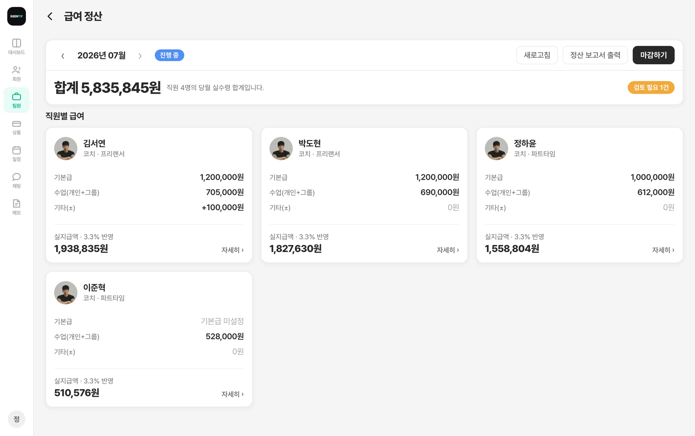 센티프 급여 정산 — 기간별 합계와 직원별 실지급액이 자동 계산된 화면