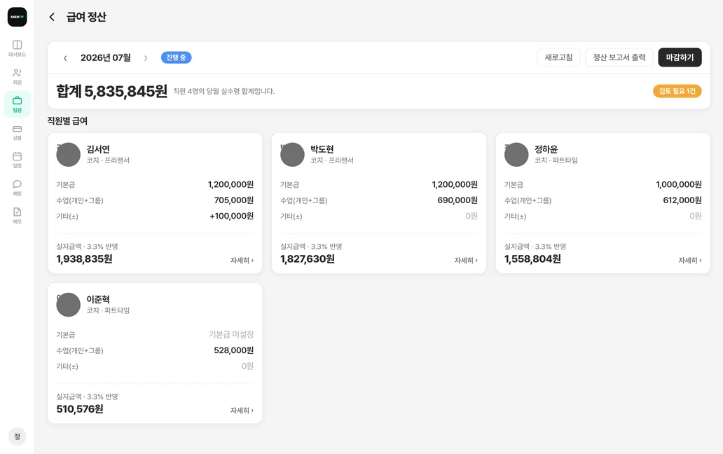 센티프 급여 정산 — 기간별 합계와 직원별 급여 카드에서 실지급액이 자동 계산된 화면